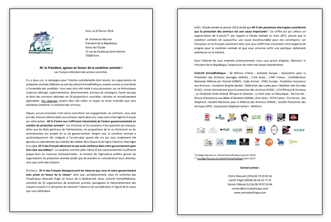 Lettre à Emmanuel Macron ONG de protection animale